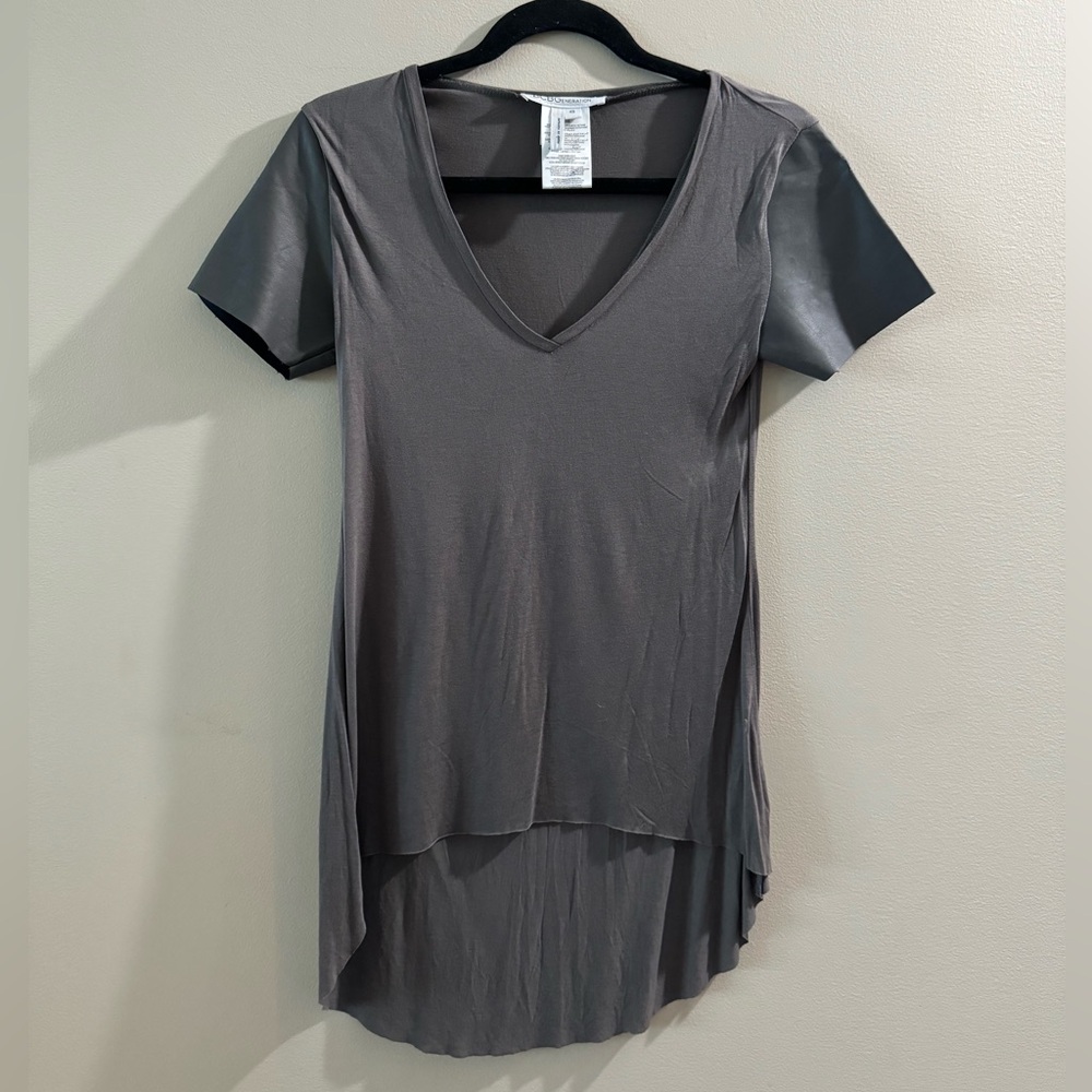 BCBGeneration Charcoal V-Neck Tee with Leather Sleeves